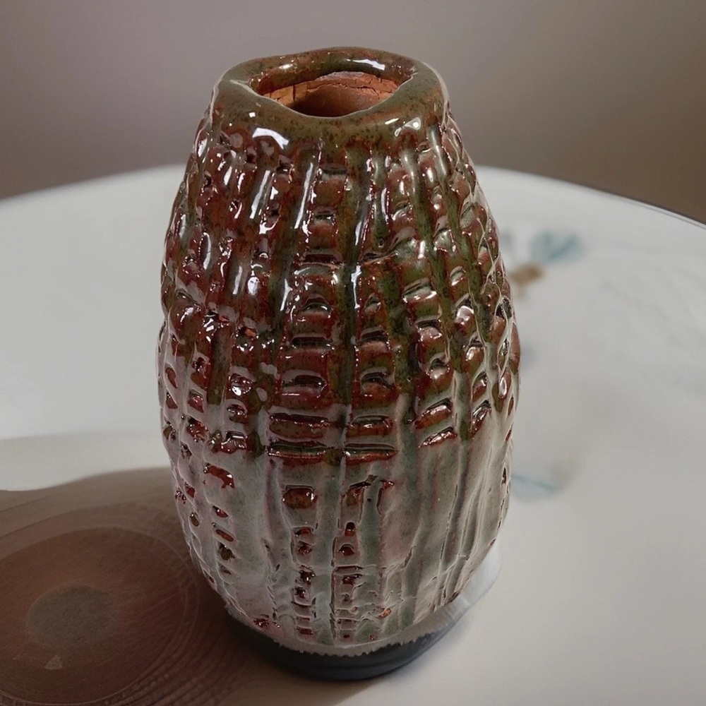 Art Pottery Artist Signed HF Brutalist Hand Coiled Glazed Terracotta Textured